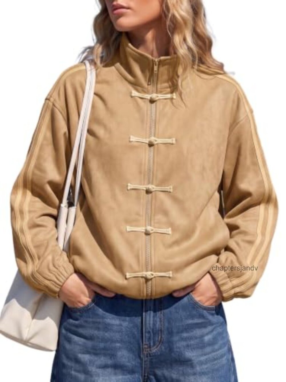 Faux Suede Zip Up Bomber Jacket Frog Button Funnel Neck Casual Coat
